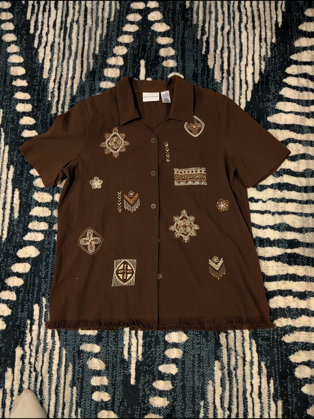 Alfred Dunner Brown Short-Sleeve Embroidered Button-Down Shirt